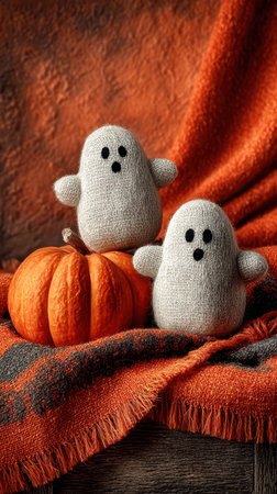 Two soft handmade ghost figures sit beside a bright orange pumpkin on a warm textured blanket embodying the spirit of Halloween.の素材