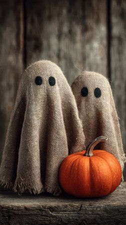 Two adorable burlap ghosts stand beside a bright orange pumpkin creating a charming Halloween scene in a cozy setting.の素材