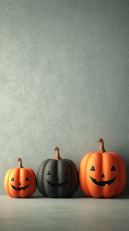 Three cheerful pumpkins in various sizes sit side by side featuring joyful faces carved into their orange and black skin ready for Halloween.の素材