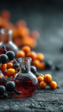 Brightly colored bottles contain mysterious liquids placed among festive decorations. Shadows dance as the Halloween spirit comes alive.の素材