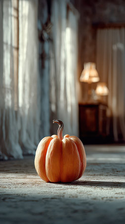 A solitary pumpkin rests on an aged floor in a dimly lit room. The soft light enhances its orange hue against the mysterious background.の素材