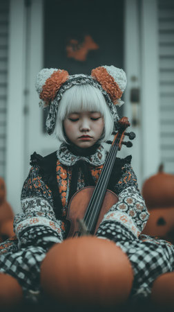 A child with white hair and colorful accessories plays a violin among carved pumpkins on a cool Halloween night creating a magical atmosphere.の素材