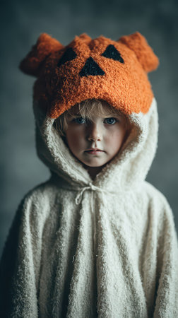 A young child stands confidently in a cozy pumpkin costume radiating joy and Halloween spirit. The soft outfit adds to the festive charm.の素材
