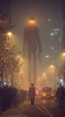 A mysterious giant figure looms over a foggy city street casting an eerie glow. People wander in awe while Halloween celebrations unfold.の素材