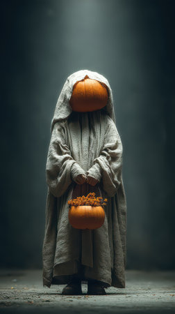 A spooky figure shrouded in gray cloak holds a carved pumpkin in a dimly lit room creating an eerie Halloween atmosphere perfect for the season.の素材