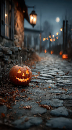 A carved pumpkin glows softly on a cobblestone street. Lanterns line the path creating an eerie atmosphere as autumn leaves fall.の素材