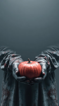 Hands covered in eerie colors cradle a bright orange pumpkin perfectly representing the mysterious spirit of Halloween night.の素材