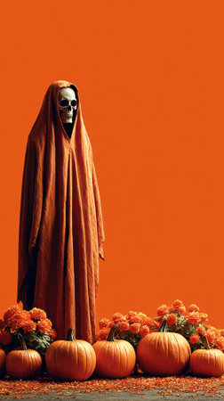 A mysterious skeleton draped in an orange cloak stands surrounded by bright pumpkins and cheerful marigolds creating a festive Halloween scene.の素材