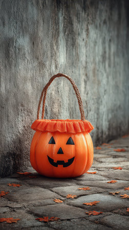 A bright orange pumpkin basket stands against a gray wall filled with autumn leaves ready for Halloween festivities and candy collection.の素材