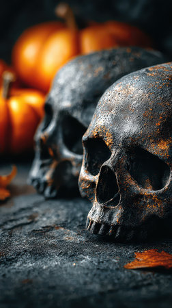 Dark skulls surrounded by orange pumpkins create an eerie Halloween scene perfect for setting a spooky mood at autumn gatherings.の素材