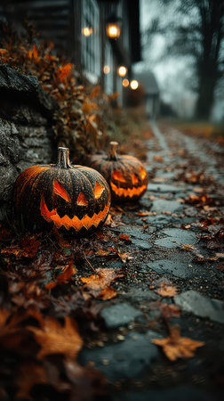 Two carved pumpkins with menacing faces shine brightly on a cobblestone path surrounded by fallen leaves on a cool Halloween night.の素材