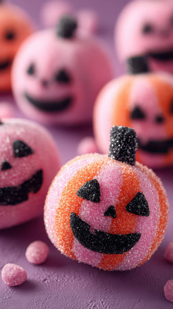 Bright candy pumpkins with playful faces sit on a purple surface adding charm to Halloween festivities. Perfect for treats and decor.の素材