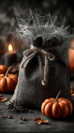 A rustic bag sits among small pumpkins and candles surrounded by cobwebs creating an enchanting Halloween scene perfect for the season.の素材