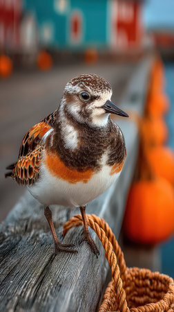 A small vibrant bird stands on a wooden dock tied with a rope. Orange pumpkins line the harbor adding a festive autumn touch to the scene.の素材