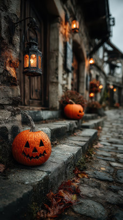 Pumpkins with spooky faces sit on stone steps lit lanterns glow softly in the twilight creating a cozy halloween atmosphere in the old town.の素材