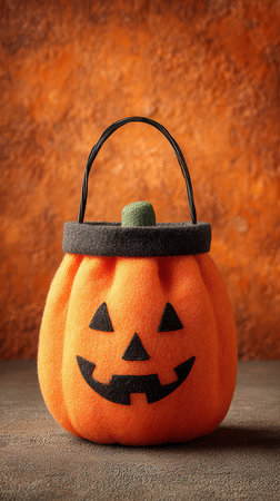 A bright orange pumpkin basket with a smiling face sits on a rustic surface against an earthy orange backdrop. Perfect for Halloween fun.の素材