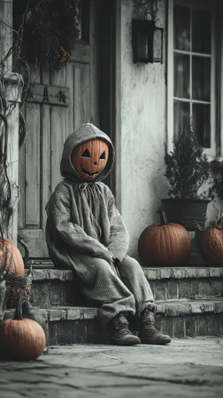 A mysterious figure with a carved pumpkin head sits quietly on a porch.の素材