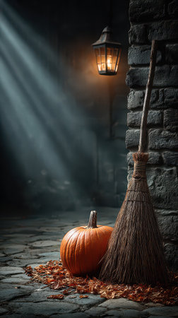 A glowing lantern casts light on a pumpkin and a broom surrounded by fallen leaves in a shadowy stone setting evoking Halloween magic.の素材