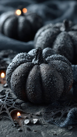 Black pumpkins covered in glitter stand among cobwebs and candles creating an eerie atmosphere perfect for Halloween celebrations.の素材