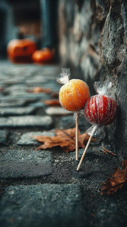 Two vibrant lollipops stand on a cobblestone path surrounded by fallen leaves and a hint of Halloween decorations in the background.の素材