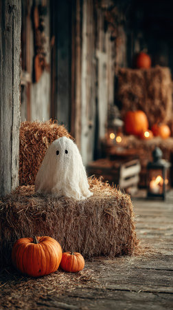A charming ghost figure sits on hay bales among glowing pumpkins in an inviting barn filled with autumn decor for Halloween celebrations.の素材