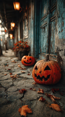 Orange jack o lanterns glow against an old stone path surrounded by fallen leaves and rustic buildings on a chilly Halloween evening.の素材