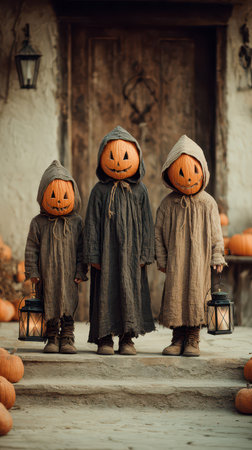 Three children wear carved pumpkin masks and dark robes while holding lanterns. They stand on a porch surrounded by pumpkins ready for Halloween fun.の素材