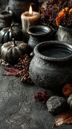 Dark and moody setting filled with vintage cauldrons pumpkins and dried flowers capturing the essence of Halloween celebrations in autumn.の素材