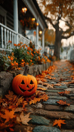 A carved pumpkin sits on a cobblestone path surrounded by autumn leaves and vibrant flowers reflecting the festive spirit of Halloween.の素材
