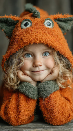 A joyful child wearing an orange Halloween costume sits thoughtfully resting their chin on hands. Bright blue eyes shine with happiness.の素材