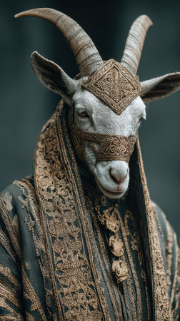 A regal goat dressed in decorative attire stands proudly. The intricate patterns and mystical aura evoke the spirit of Halloween festivities.の素材