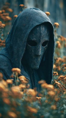 A shadowy character in a dark hood wearing a mask blends into a field of vibrant flowers creating an eerie Halloween atmosphere.の素材