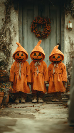 Three cheerful figures with pumpkin heads stand together in cozy orange robes surrounded by plants on a charming porch. Halloween spirit is alive.の素材