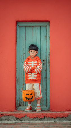 A child stands confidently in front of a vibrant red wall wearing a skeleton costume and holding a pumpkin bucket excited for Halloween.の素材