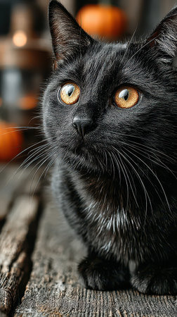 A curious black cat with bright amber eyes watches Halloween decorations on a wooden surface. Seasonal pumpkins add to the festive setting.の素材