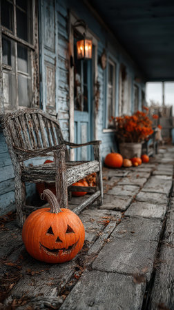 A cozy porch adorned with pumpkins and autumn leaves captures the essence of Halloween. The rustic setting invites a festive spirit.の素材