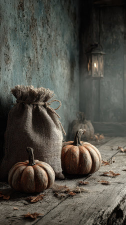 Two pumpkins sit beside a burlap sack in a dimly lit room with shadows and rustic walls creating a cozy eerie halloween atmosphere.の素材