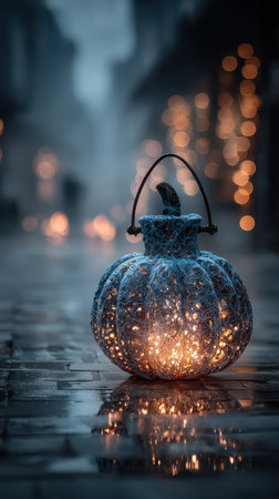 A beautifully crafted pumpkin lantern emits a warm inviting glow on a rainy evening. Its intricate design shines against the blurred city lights.の素材