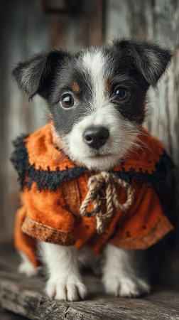 A small puppy wears a pumpkin themed outfit sitting on a rustic wooden shelf ready to celebrate Halloween with joyful spirit and charm.の素材