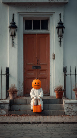 A child sits quietly on the steps of a house wearing a cheerful pumpkin costume. The scene captures the essence of Halloween filled with excitement.の素材