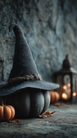 A dark pumpkin wearing a witch hat sits beside glowing lanterns and tiny pumpkins creating a charming Halloween scene perfect for fall.の素材