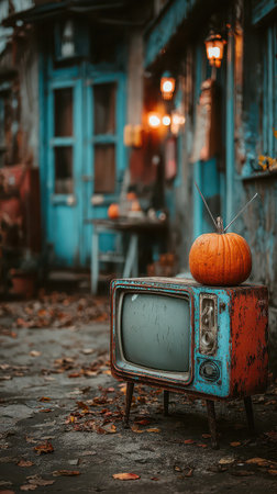 A charming scene shows a colorful old television with a bright pumpkin on top set against a spooky background perfect for Halloween festivities.の素材
