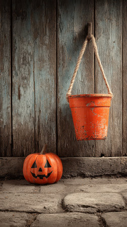 A carved pumpkin smiles beside an old orange bucket. The rustic wooden wall adds charm to the Halloween scene perfect for festive decoration.の素材