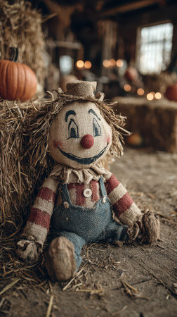 A scarecrow doll smiles with a cheeky expression sitting among hay bales and autumn decorations. Pumpkins add a festive touch to the scene.の素材
