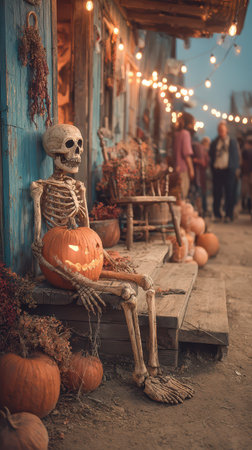 A skeleton rests on wooden steps holding a carved pumpkin. The festive lights create a warm glow while people enjoy the Halloween ambiance.の素材