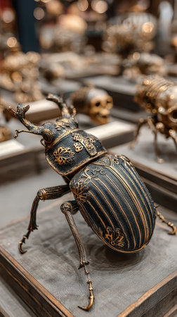 A stunning beetle sculpture adorned with gold detailing sits among other artistic pieces during a Halloween exhibition.の素材