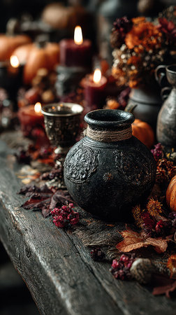 A beautifully arranged table displays pumpkins candles and antique bowls setting a cozy and eerie atmosphere for Halloween celebrations.の素材
