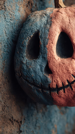 A colorful pumpkin decoration showcases an artistic blend of blue and orange perfect for Halloween celebrations and festive atmospheres.の素材