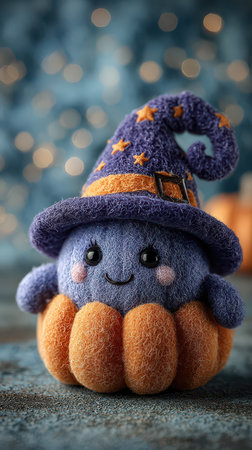 A small adorable creature with a witch hat sits on a pumpkin against a cozy festive background evoking the spirit of Halloween evilly.の素材