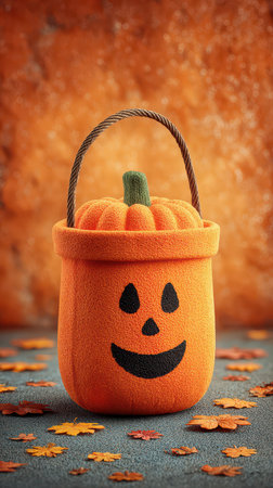 A cheerful pumpkin bucket sits on a textured surface surrounded by colorful autumn leaves. It is ready for Halloween treats and celebrations.の素材